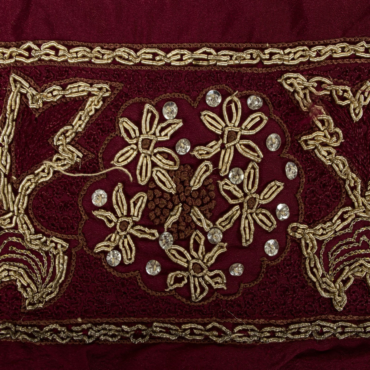 Sanskriti Vintage Hand Embroidered 1 Yard Heavy Sari Border Pure Silk Brown Lace