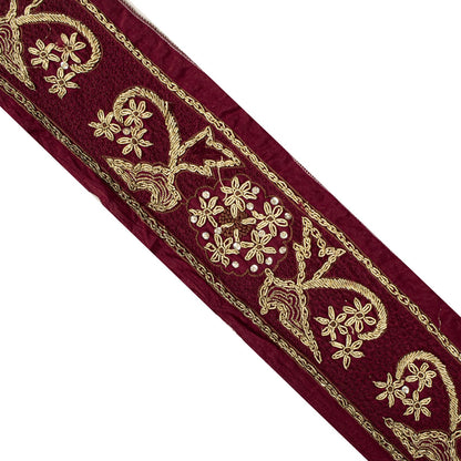Sanskriti Vintage Hand Embroidered 1 Yard Heavy Sari Border Pure Silk Brown Lace