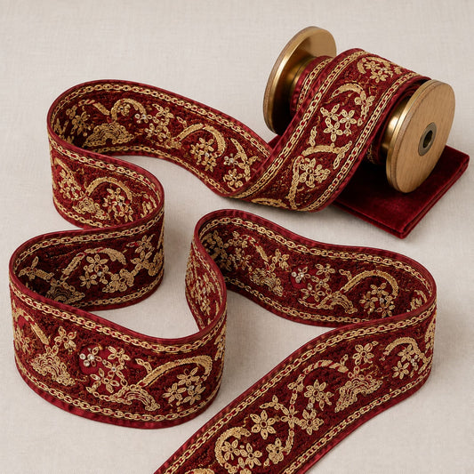 Sanskriti Vintage Hand Embroidered 1 Yard Heavy Sari Border Pure Silk Brown Lace