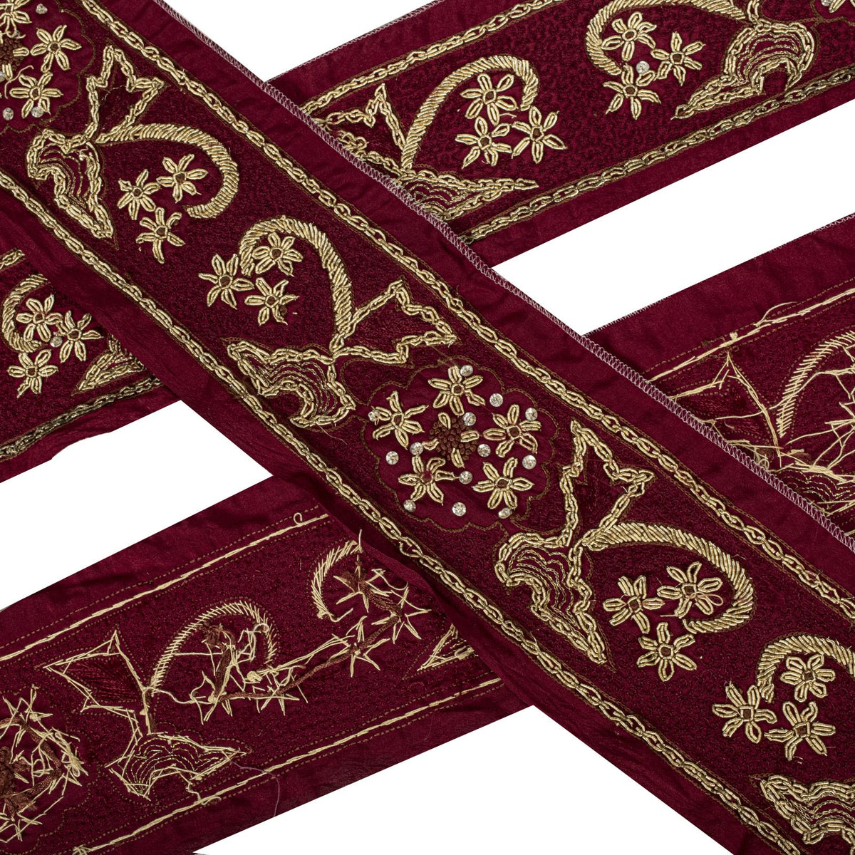 Sanskriti Vintage Hand Embroidered 1 Yard Heavy Sari Border Pure Silk Brown Lace