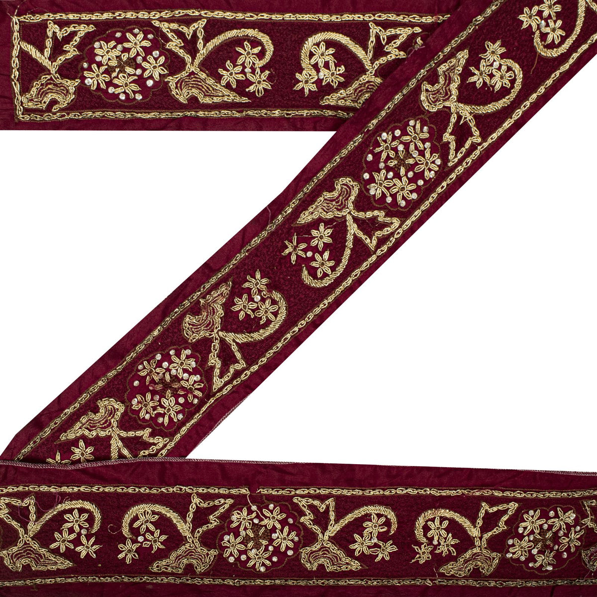Sanskriti Vintage Hand Embroidered 1 Yard Heavy Sari Border Pure Silk Brown Lace