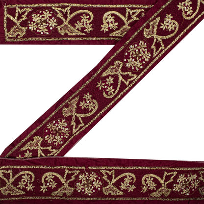 Sanskriti Vintage Hand Embroidered 1 Yard Heavy Sari Border Pure Silk Brown Lace