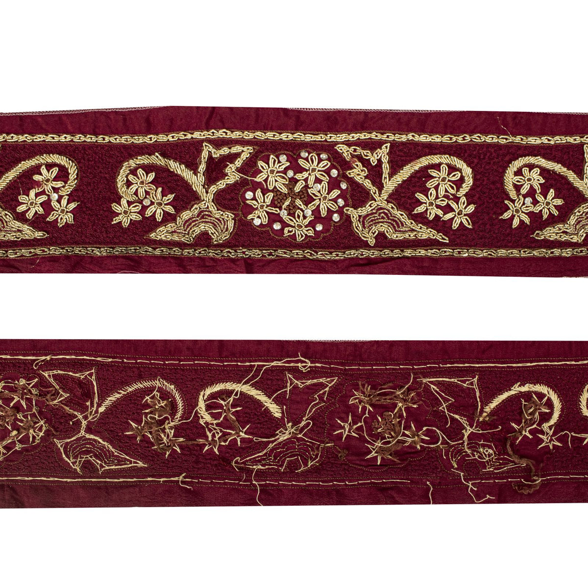 Sanskriti Vintage Hand Embroidered 1 Yard Heavy Sari Border Pure Silk Brown Lace