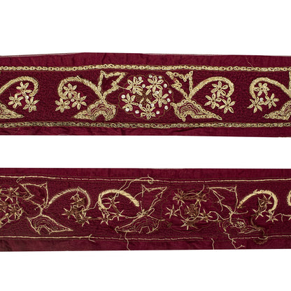 Sanskriti Vintage Hand Embroidered 1 Yard Heavy Sari Border Pure Silk Brown Lace