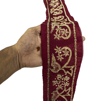 Sanskriti Vintage Hand Embroidered 1 Yard Heavy Sari Border Pure Silk Brown Lace