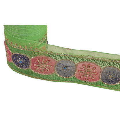 Sanskriti Vintage Hand Embroidered Georgette Heavy Sari Border 1 Yd Green Lace