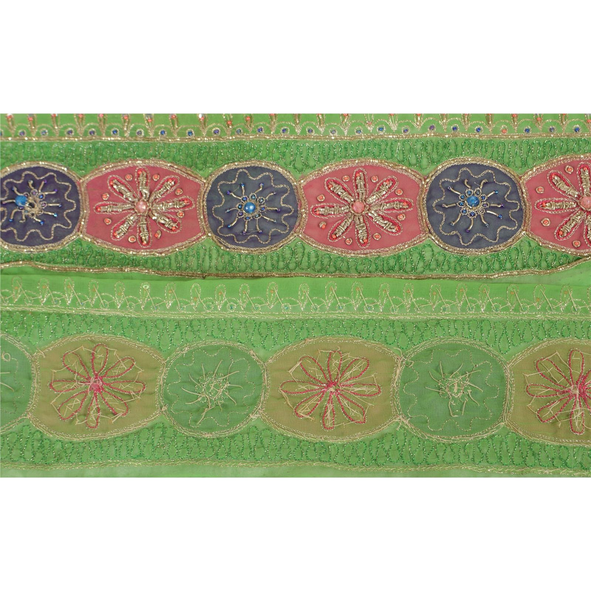 Sanskriti Vintage Hand Embroidered Georgette Heavy Sari Border 1 Yd Green Lace