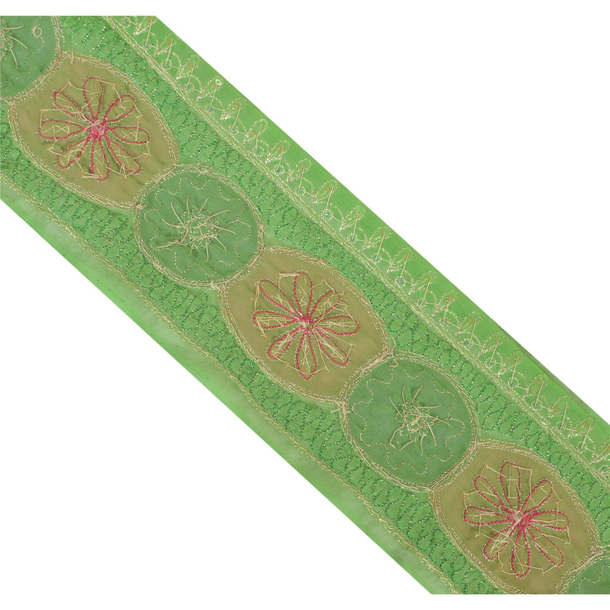 Sanskriti Vintage Hand Embroidered Georgette Heavy Sari Border 1 Yd Green Lace