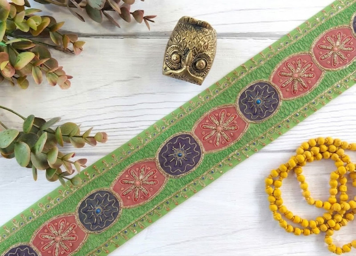 Sanskriti Vintage Hand Embroidered Georgette Heavy Sari Border 1 Yd Green Lace