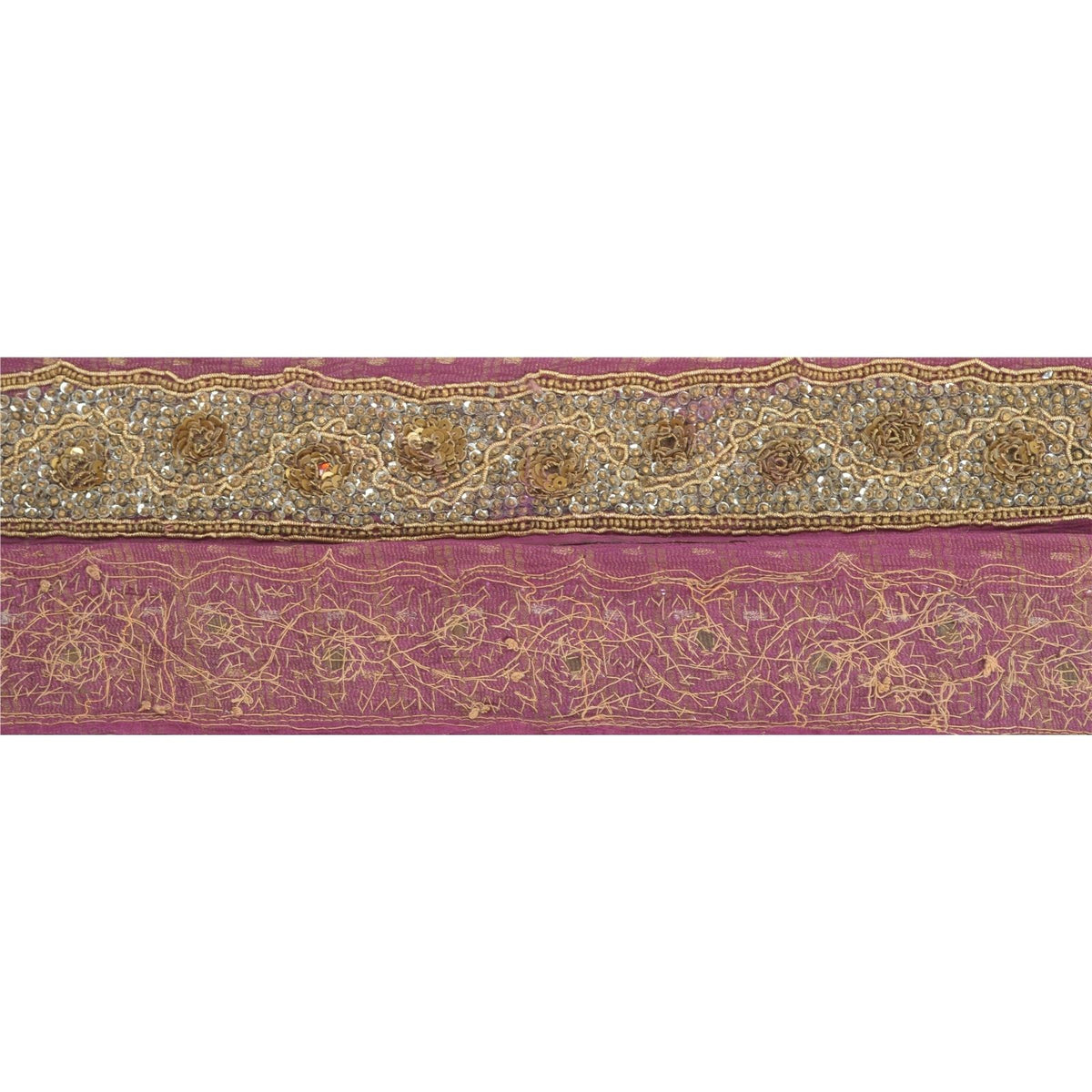Sanskriti Vintage Hand Embroidered Heavy 1 Yard Sari Border Tissue Purple Lace