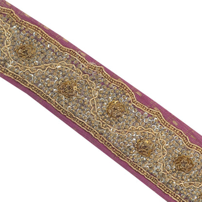 Sanskriti Vintage Hand Embroidered Heavy 1 Yard Sari Border Tissue Purple Lace
