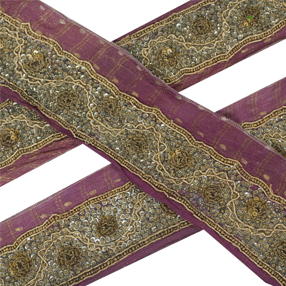 Sanskriti Vintage Hand Embroidered Heavy 1 Yard Sari Border Tissue Purple Lace