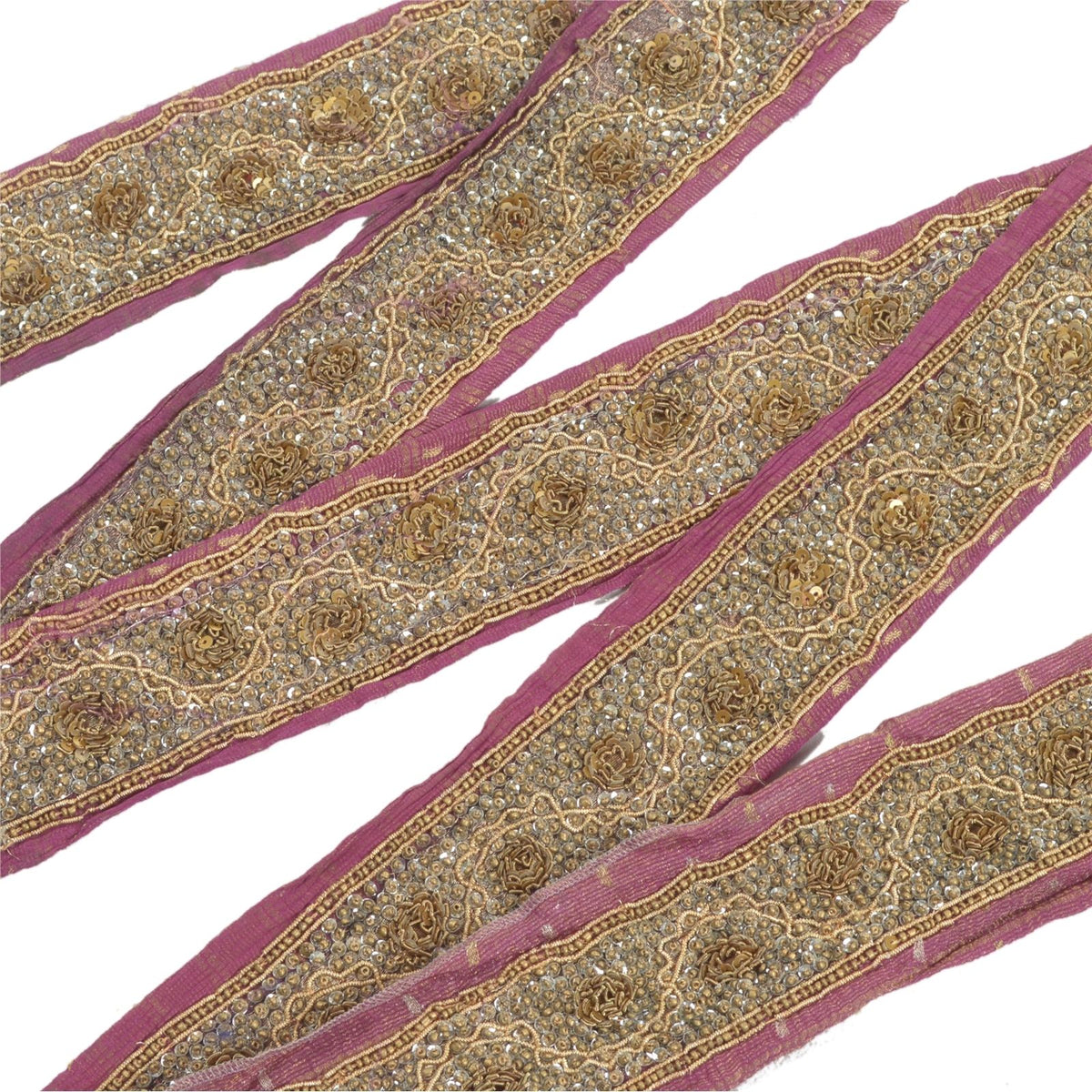 Sanskriti Vintage Hand Embroidered Heavy 1 Yard Sari Border Tissue Purple Lace