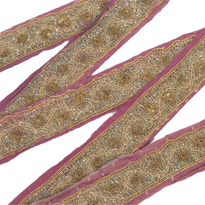 Sanskriti Vintage Hand Embroidered Heavy 1 Yard Sari Border Tissue Purple Lace