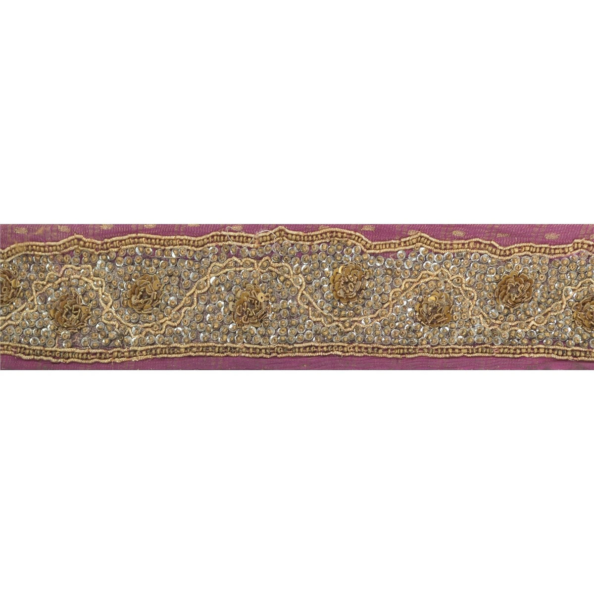 Sanskriti Vintage Hand Embroidered Heavy 1 Yard Sari Border Tissue Purple Lace