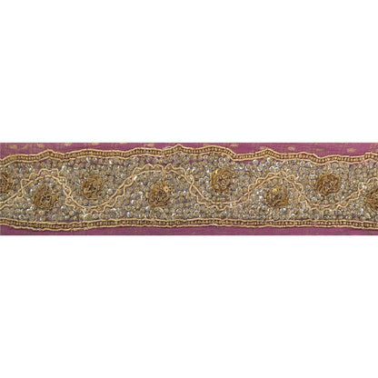Sanskriti Vintage Hand Embroidered Heavy 1 Yard Sari Border Tissue Purple Lace