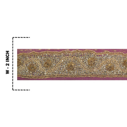 Sanskriti Vintage Hand Embroidered Heavy 1 Yard Sari Border Tissue Purple Lace