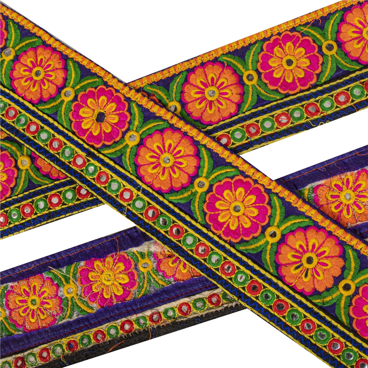 Sanskriti Vintage Kutch Style Embroidered 1Yd Sari Border Velvet Trim Craft Lace