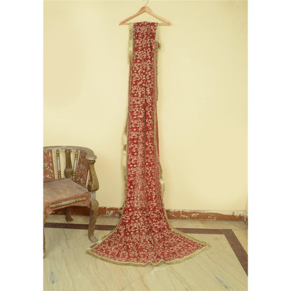 Sanskriti Vintage Dark Red Pure Georgette Silk Dupatta Long Hand Beaded Zari Zardozi Dabka Sequins Stole Uses-Table linen, Cushions