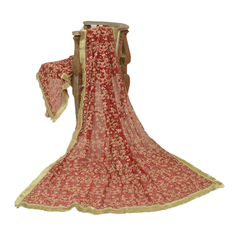 Sanskriti Vintage Dark Red Pure Georgette Silk Dupatta Long Hand Beaded Zari Zardozi Dabka Sequins Stole Uses-Table linen, Cushions