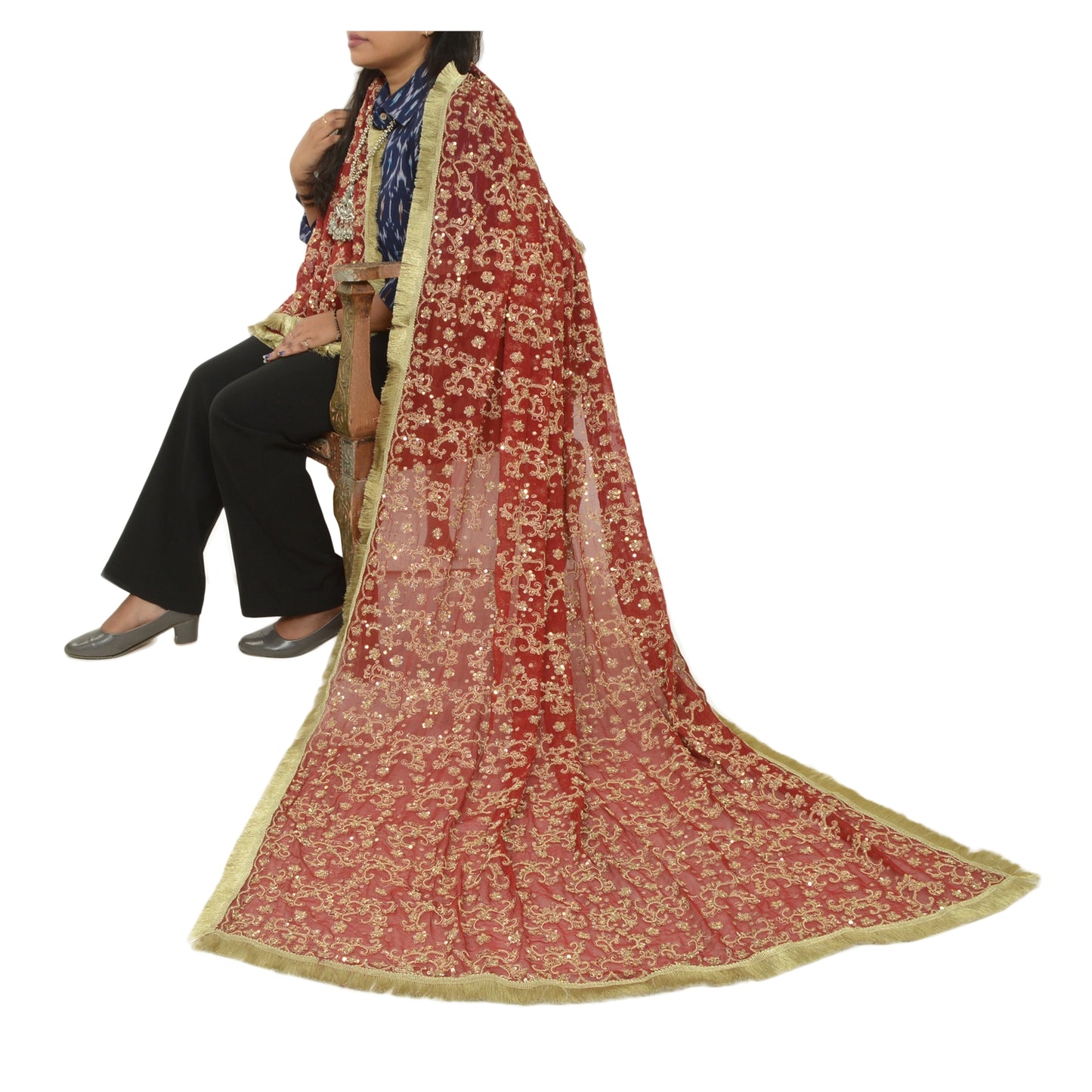 Sanskriti Vintage Dark Red Dupatta Long Scarf Pure Georgette Hand Beaded Stole