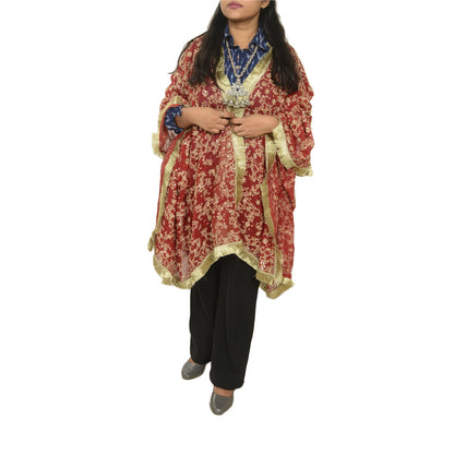 Sanskriti Vintage Dark Red Dupatta Long Scarf Pure Georgette Hand Beaded Stole