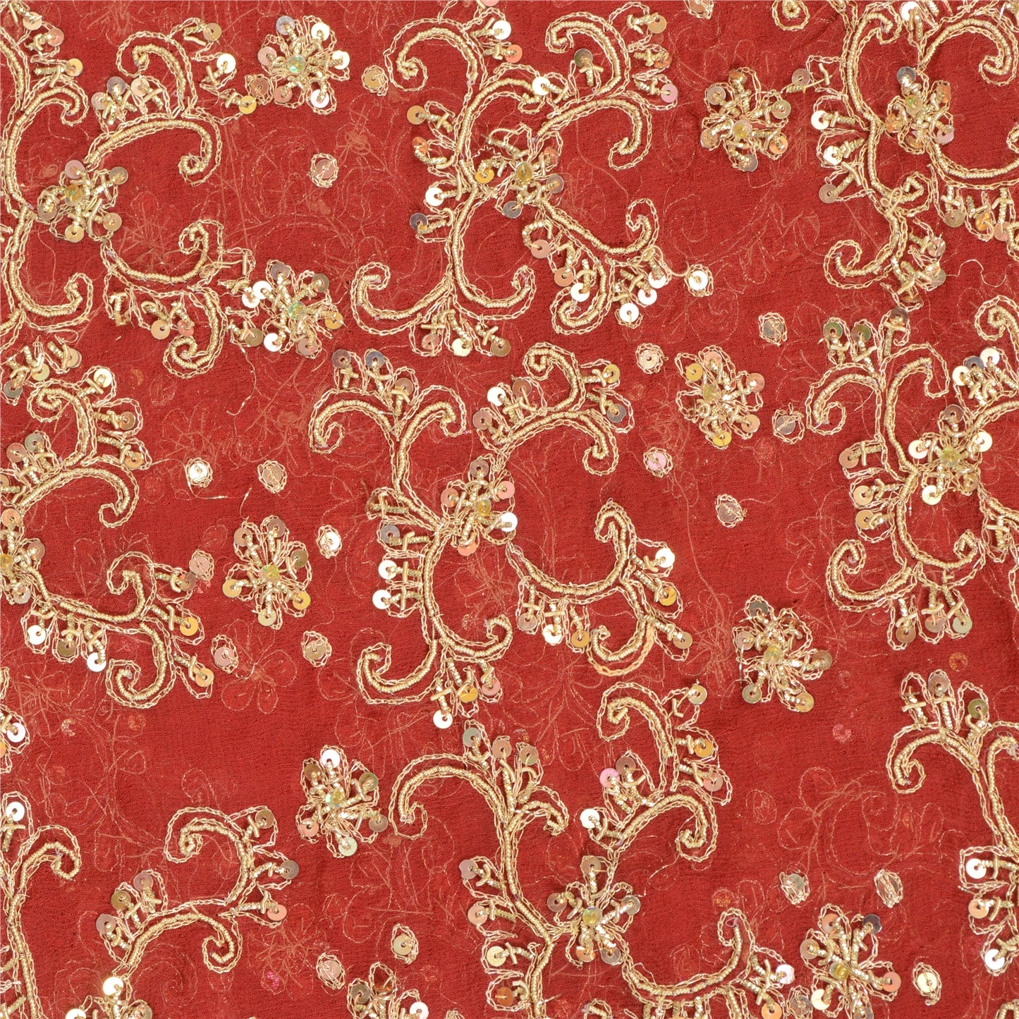 Sanskriti Vintage Dark Red Pure Georgette Silk Dupatta Long Hand Beaded Zari Zardozi Dabka Sequins Stole Uses-Table linen, Cushions