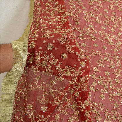 Sanskriti Vintage Dark Red Dupatta Long Scarf Pure Georgette Hand Beaded Stole