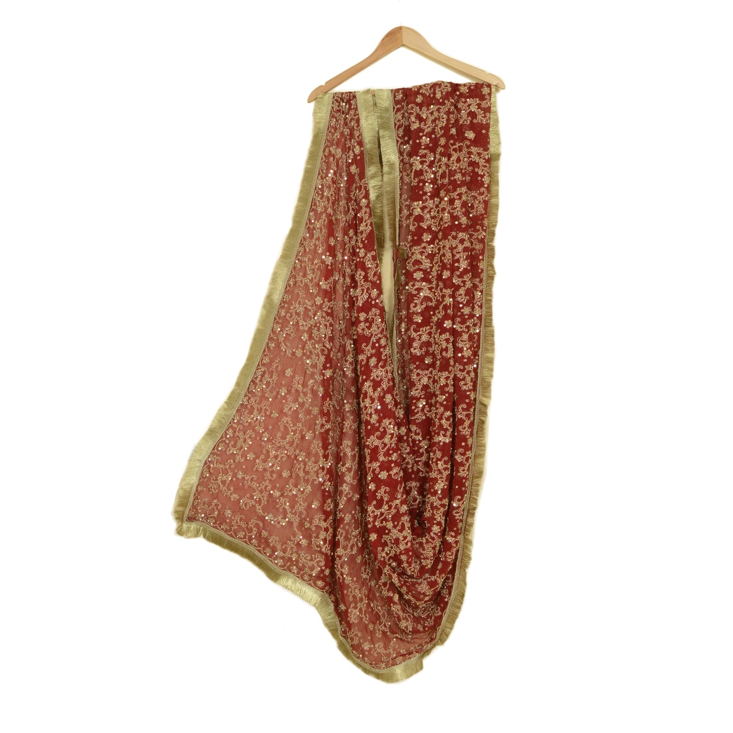 Sanskriti Vintage Dark Red Pure Georgette Silk Dupatta Long Hand Beaded Zari Zardozi Dabka Sequins Stole Uses-Table linen, Cushions