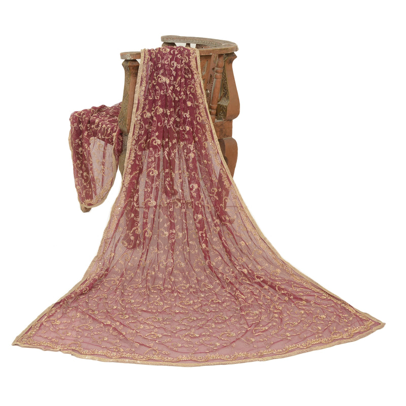 Sanskriti Vintage Wine Net Mesh Long Dupatta Hand Embrodered Fabric Zari Zardozi Veil Create Dresses, Kaftan, Skirt, Tops, Projects, Decor