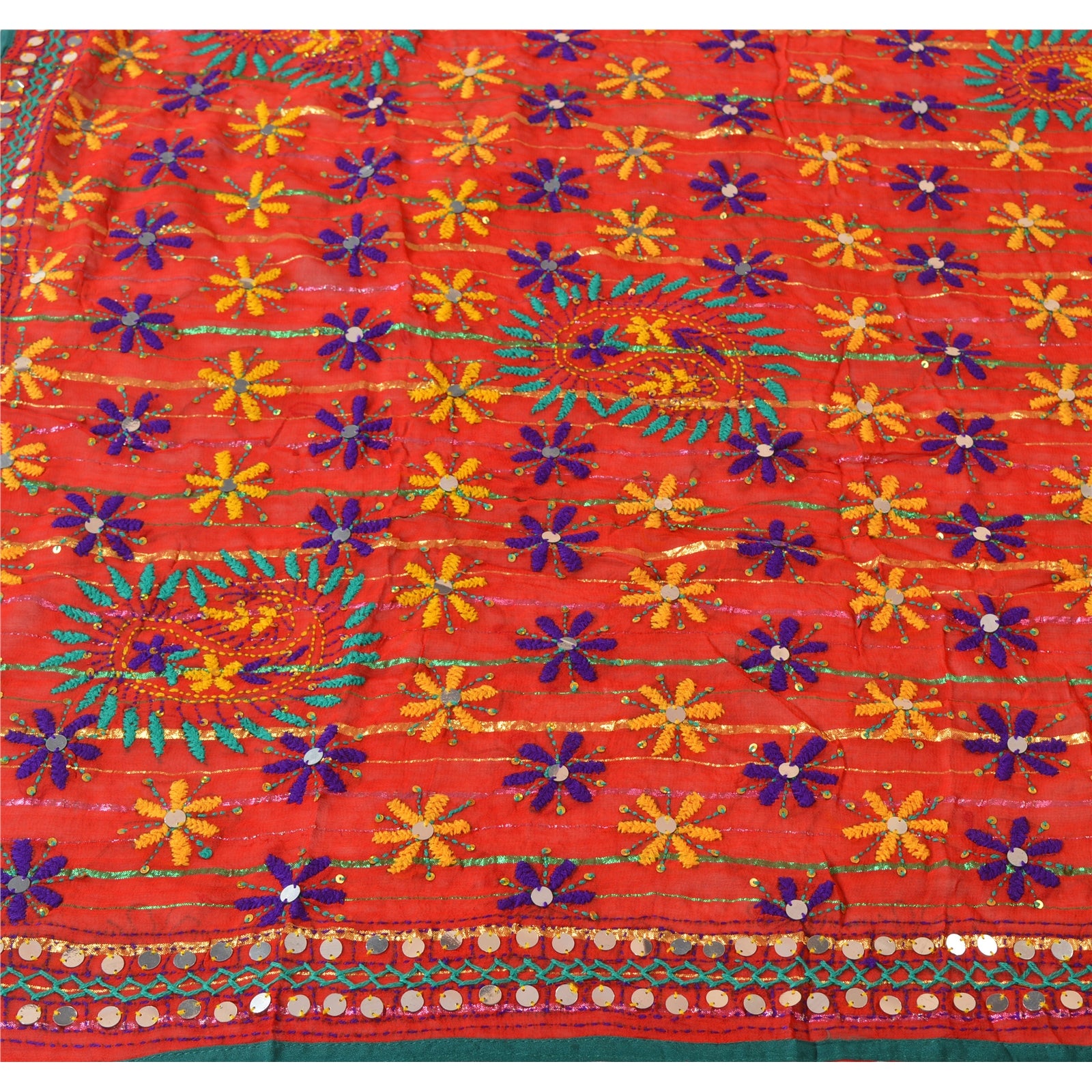 Sanskriti Vintage Dupatta Long Stole Georgette Ooak Red Hand Embroidered Phulkari Of Panjah India Neck Scarves Wrap wedding veil