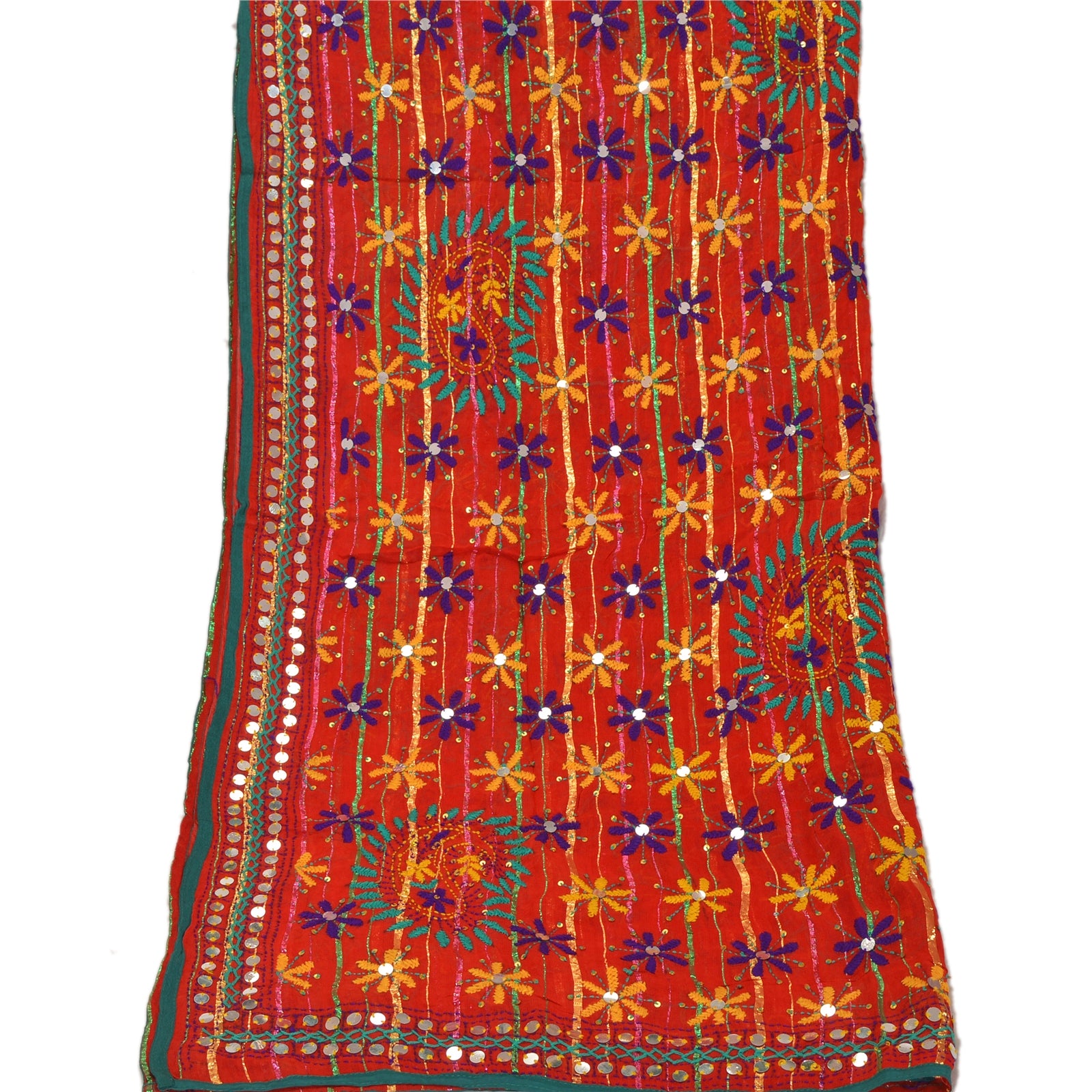 Sanskriti Vintage Dupatta Long Stole Georgette Ooak Red Hand Embroidered Phulkari Of Panjah India Neck Scarves Wrap wedding veil