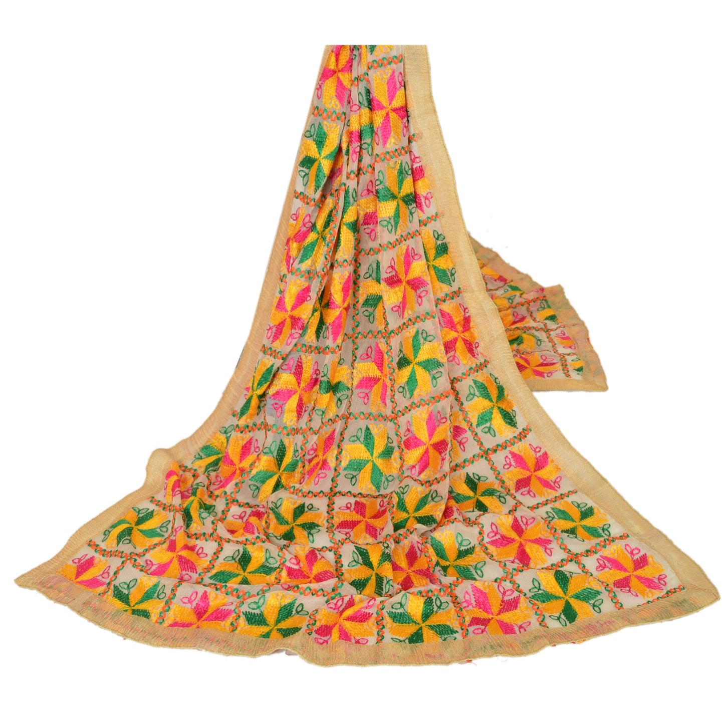 Sanskriti Vintage Cream Dupatta Long Stole Ooak Chiffon Silk Hand Embroidered Phulkari Veil From Himachal Panjab Of India Textile Heritage