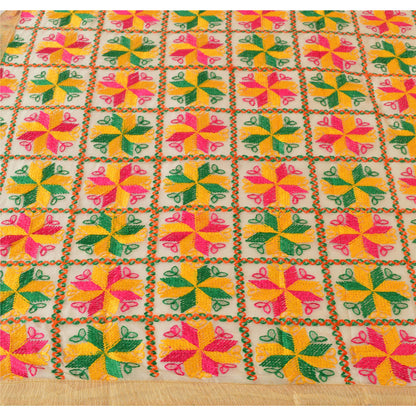 Sanskriti Vintage Cream Dupatta Long Stole Ooak Chiffon Silk Hand Embroidered Phulkari Veil From Himachal Panjab Of India Textile Heritage