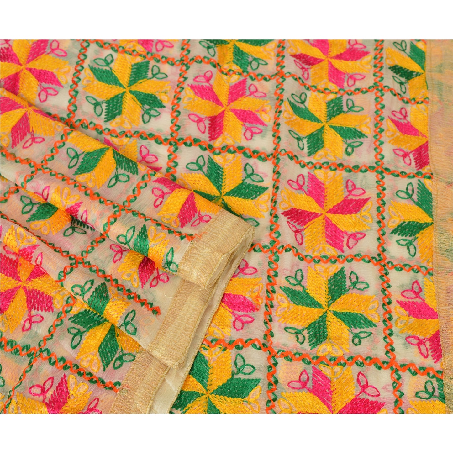 Sanskriti Vintage Cream Dupatta Long Stole Ooak Chiffon Silk Hand Embroidered Phulkari Veil From Himachal Panjab Of India Textile Heritage