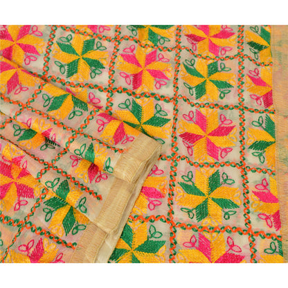 Sanskriti Vintage Cream Dupatta Long Stole Ooak Chiffon Silk Hand Embroidered Phulkari Veil From Himachal Panjab Of India Textile Heritage