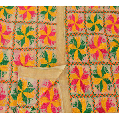 Sanskriti Vintage Cream Dupatta Long Stole Ooak Chiffon Silk Hand Embroidered Phulkari Veil From Himachal Panjab Of India Textile Heritage
