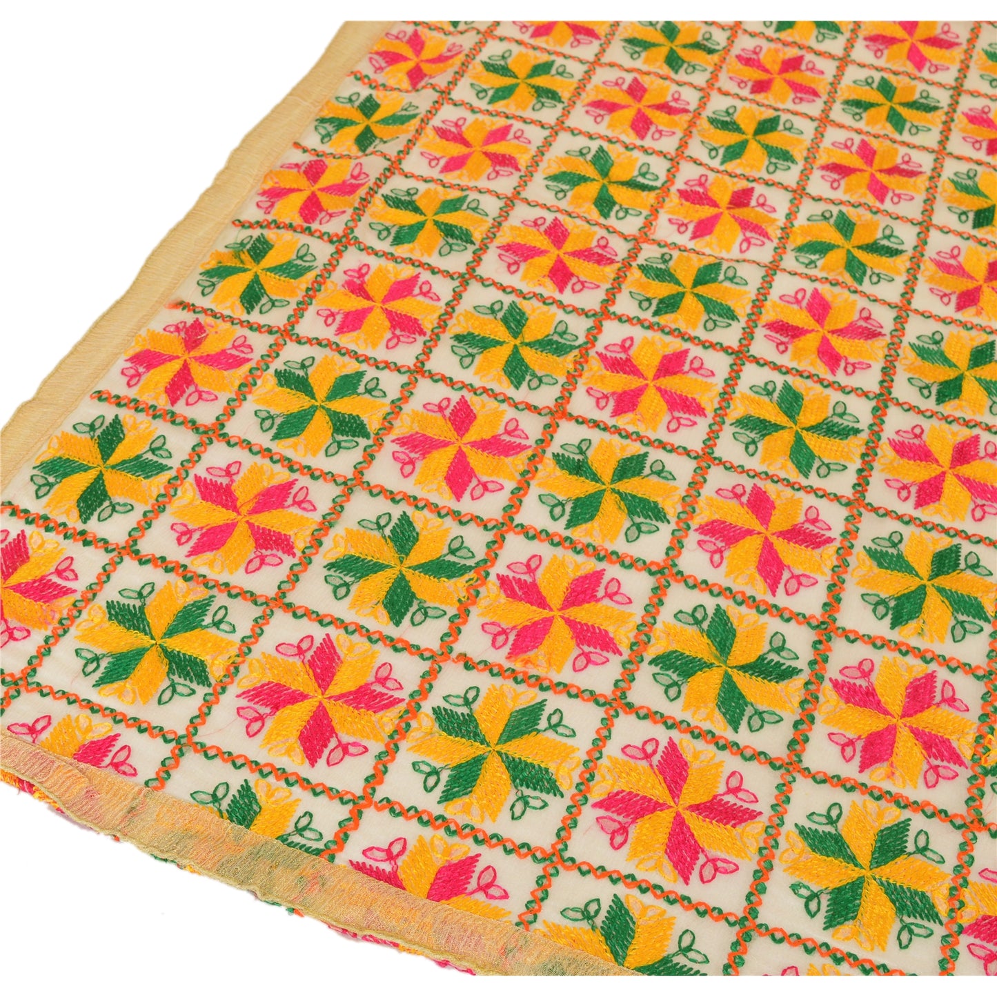 Sanskriti Vintage Cream Dupatta Long Stole Ooak Chiffon Silk Hand Embroidered Phulkari Veil From Himachal Panjab Of India Textile Heritage
