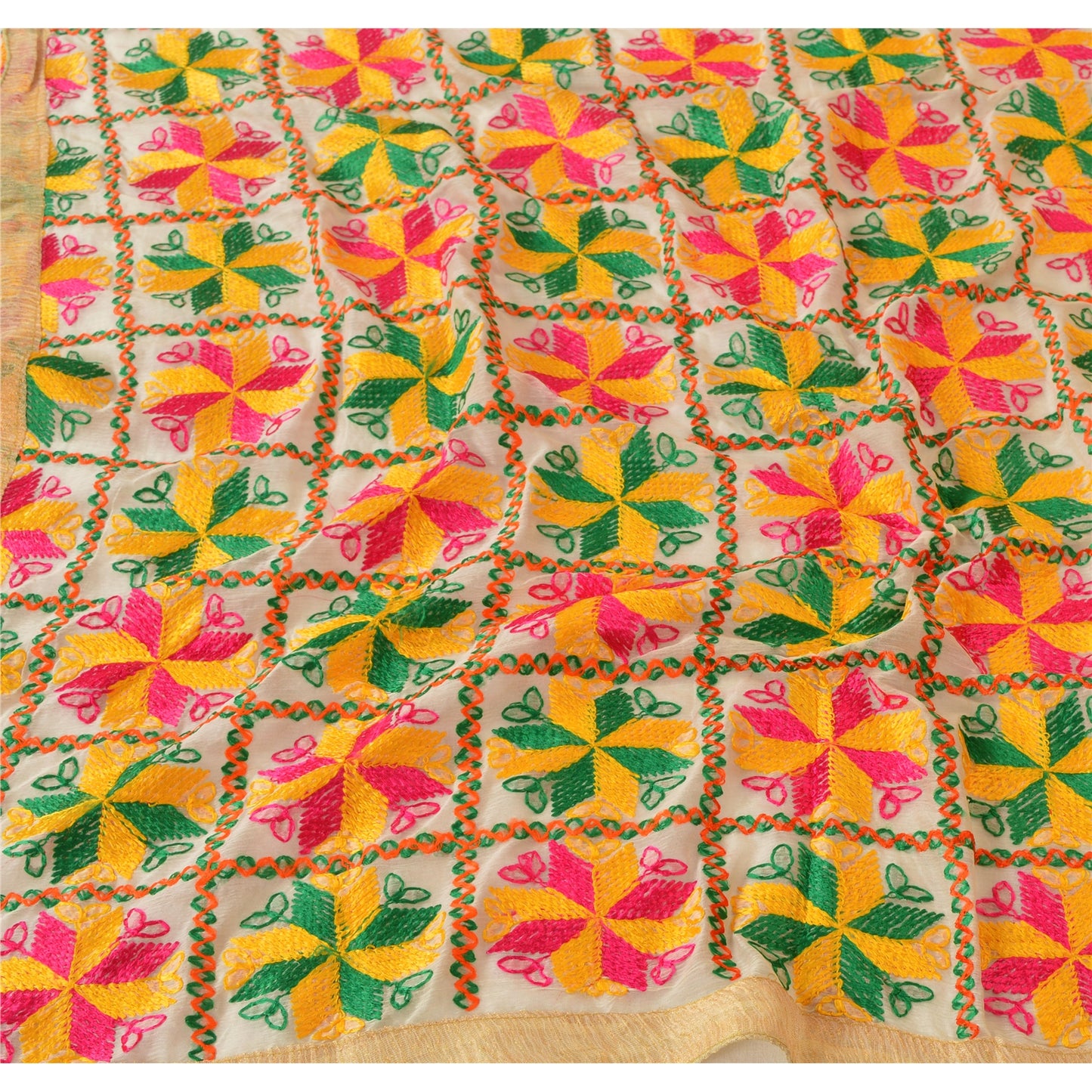 Sanskriti Vintage Cream Dupatta Long Stole Ooak Chiffon Silk Hand Embroidered Phulkari Veil From Himachal Panjab Of India Textile Heritage
