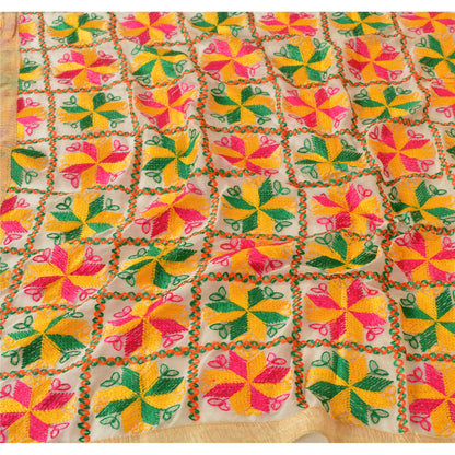 Sanskriti Vintage Cream Dupatta Long Stole Ooak Chiffon Silk Hand Embroidered Phulkari Veil From Himachal Panjab Of India Textile Heritage