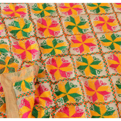 Sanskriti Vintage Cream Dupatta Long Stole Ooak Chiffon Silk Hand Embroidered Phulkari Veil From Himachal Panjab Of India Textile Heritage
