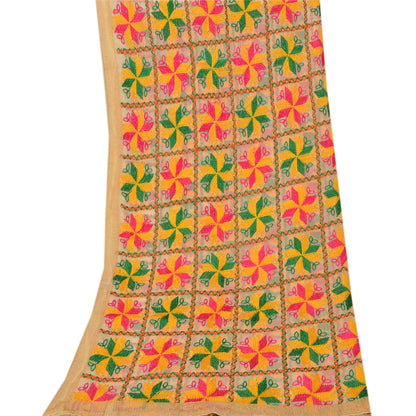 Sanskriti Vintage Cream Dupatta Long Stole Ooak Chiffon Silk Hand Embroidered Phulkari Veil From Himachal Panjab Of India Textile Heritage