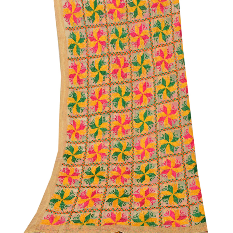 Sanskriti Vintage Cream Dupatta Long Stole Ooak Chiffon Silk Hand Embroidered Phulkari Veil From Himachal Panjab Of India Textile Heritage