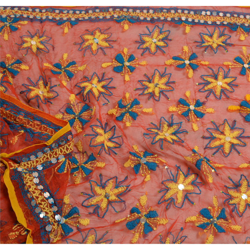 Sanskriti Vintage Red Blend Georgette Dupatta Long Stole Ooak Handmade Phulkari Veil From Himachal Panjab Of India Textile Heritage