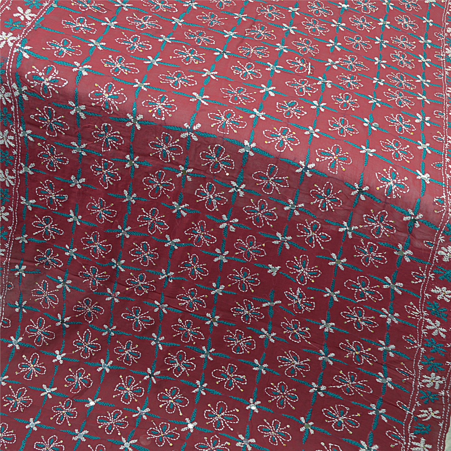 Sanskriti Vintage Blend Georgette Long Dupatta Dark Red Handmade Phulkari Veil