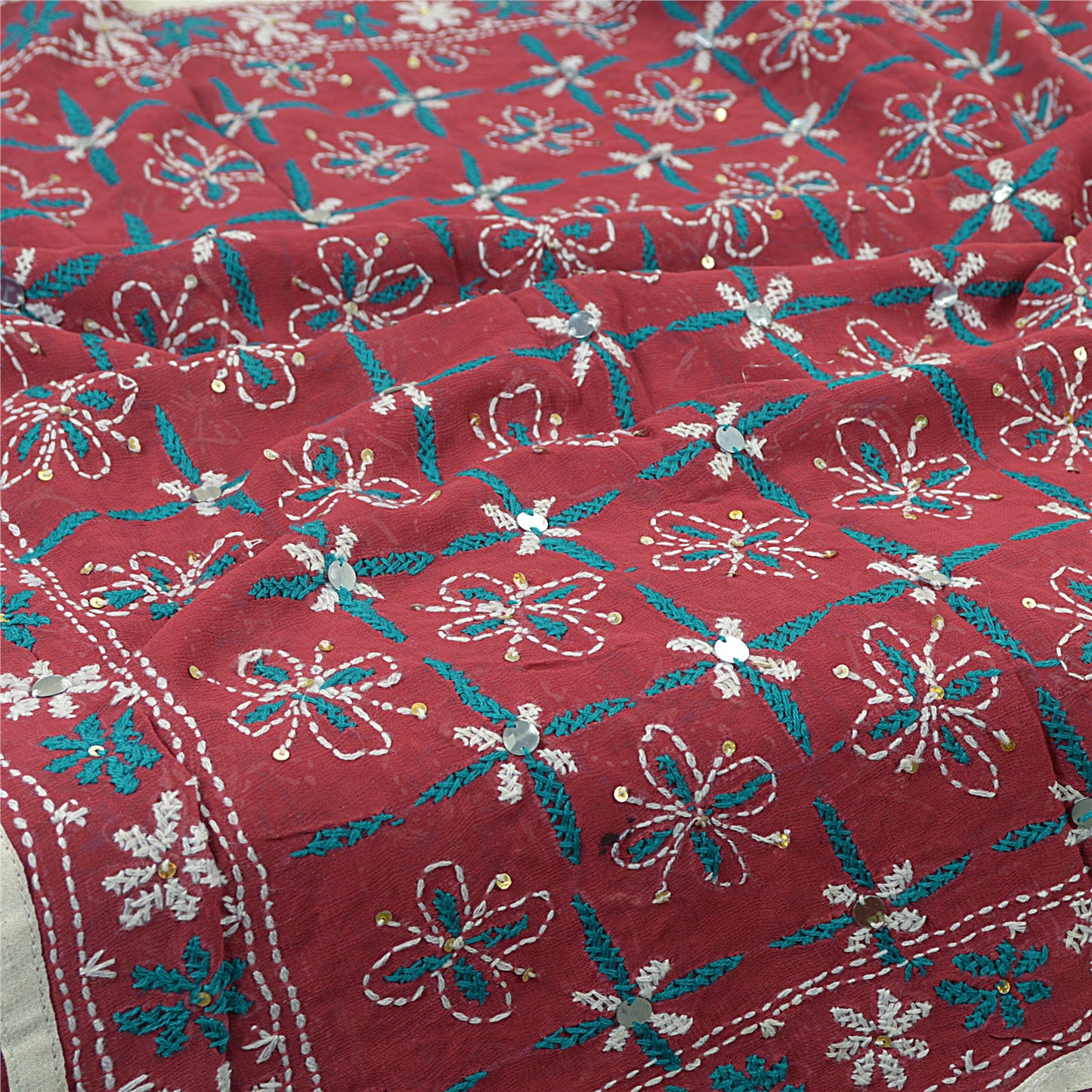 Sanskriti Vintage Blend Georgette Long Dupatta Dark Red Handmade Phulkari Veil