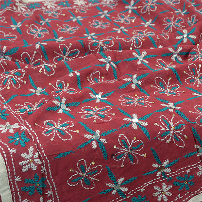 Sanskriti Vintage Blend Georgette Long Dupatta Dark Red Handmade Phulkari Veil