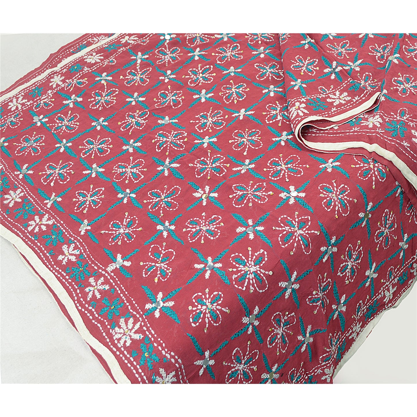 Sanskriti Vintage Blend Georgette Long Dupatta Dark Red Handmade Phulkari Veil