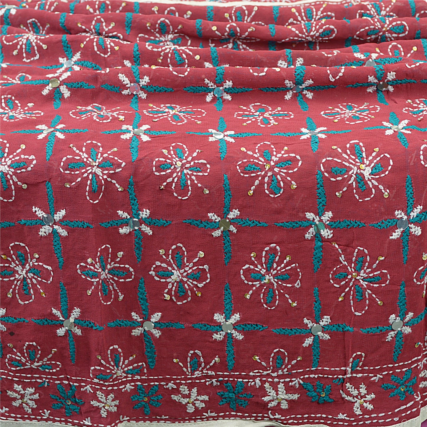 Sanskriti Vintage Blend Georgette Long Dupatta Dark Red Handmade Phulkari Veil