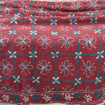 Sanskriti Vintage Blend Georgette Long Dupatta Dark Red Handmade Phulkari Veil